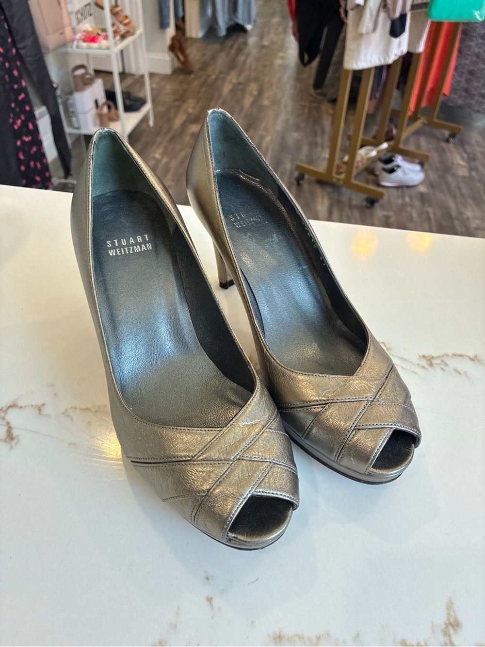 Stuart Weitzman Metallic Gold Peep-Toe Pumps